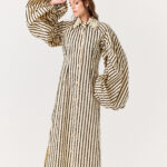 Stripped Cotton Kaftan with Embroidered Applique Collar