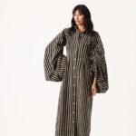 Stripped Cotton Kaftan with Embroidered Applique Collar